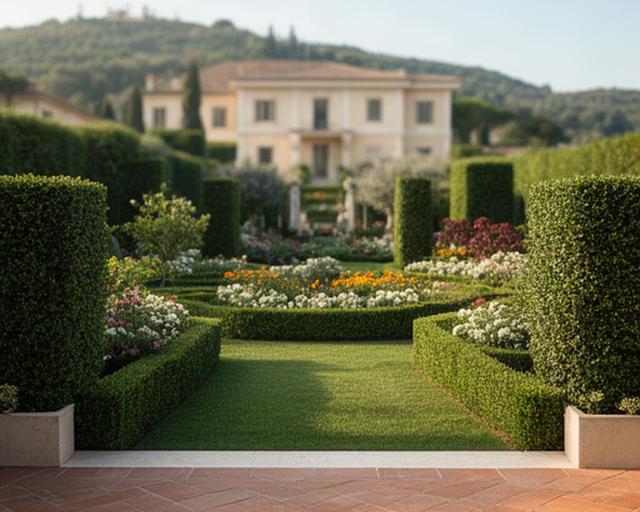 Giardino formale a Osimo con siepi potate, aiuole geometriche e pavimentazione in cotto