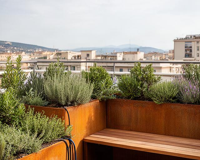 Terrazzo urbano ad Ancona con fioriere in corten, aromatiche e sedute in legno