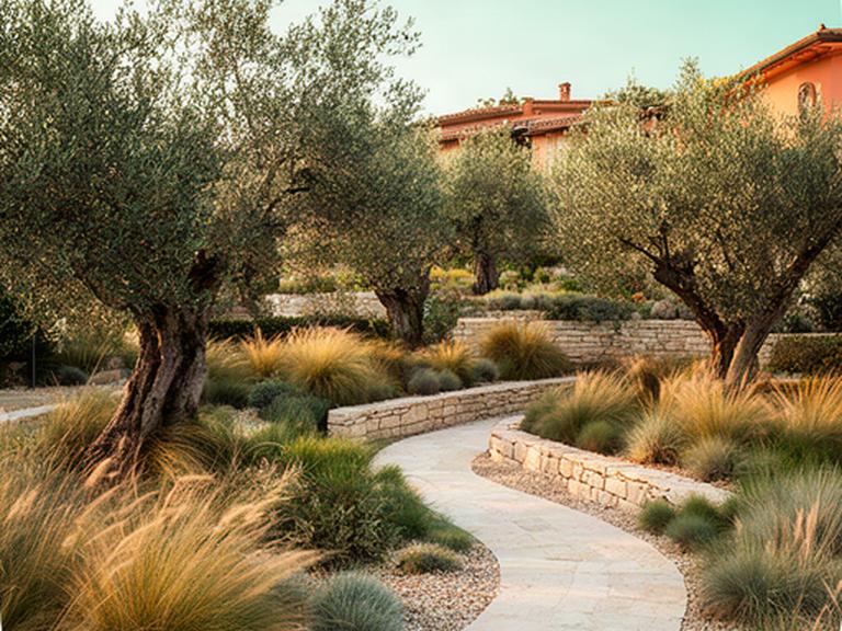 Giardino mediterraneo ad Ancona con ulivi, graminacee e un percorso in pietra chiara