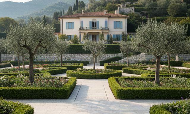 Giardino formale ad Ancona con siepi potate, aiuole geometriche e pavimentazione in pietra