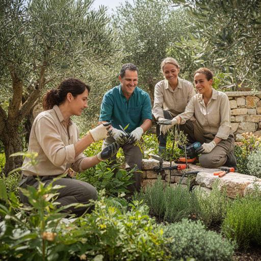 Team di giardinieri al lavoro in un giardino privato vicino alla riviera del Conero