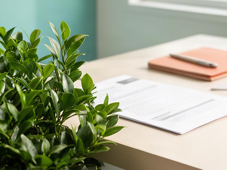 Dettaglio di foglie verdi accanto a un tavolo da lavoro con documenti informativi sulla privacy