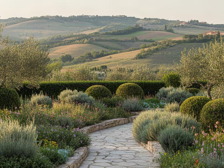 Giardino privato sulle colline di Ancona con aiuole curate, camminamento in pietra e piante mediterranee