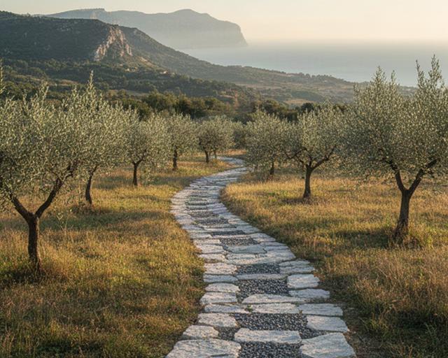 Oliveto a Sirolo con giovani ulivi, prato rustico e sentiero drenante in pietra