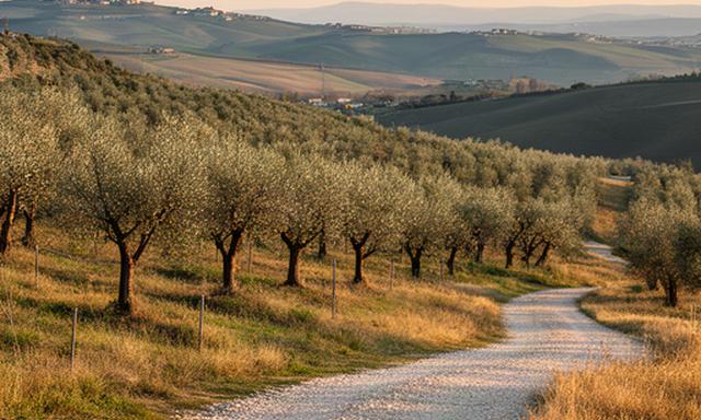 Oliveto marchigiano con giovani alberi, erba bassa e accesso carrabile in ghiaia
