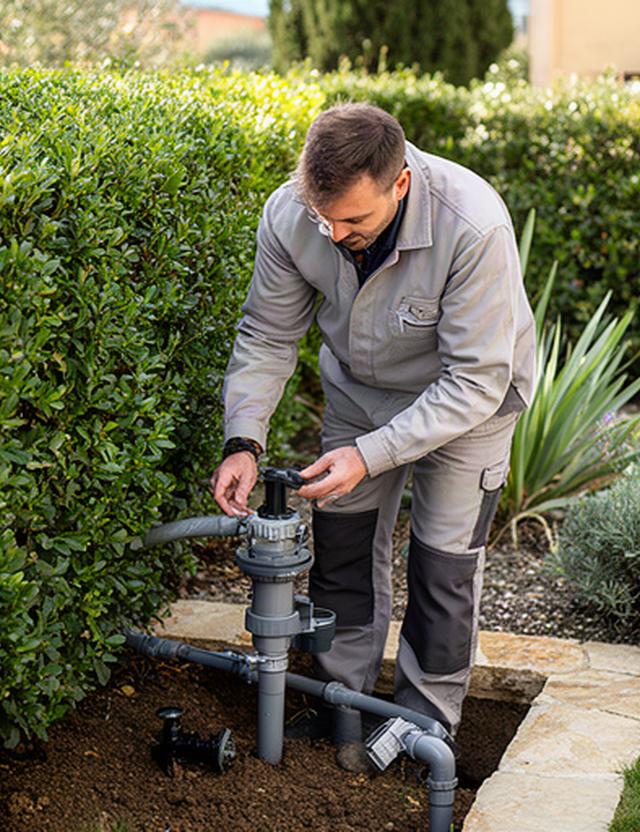 Professionista del verde che controlla un impianto di irrigazione accanto a una siepe in un giardino marchigiano