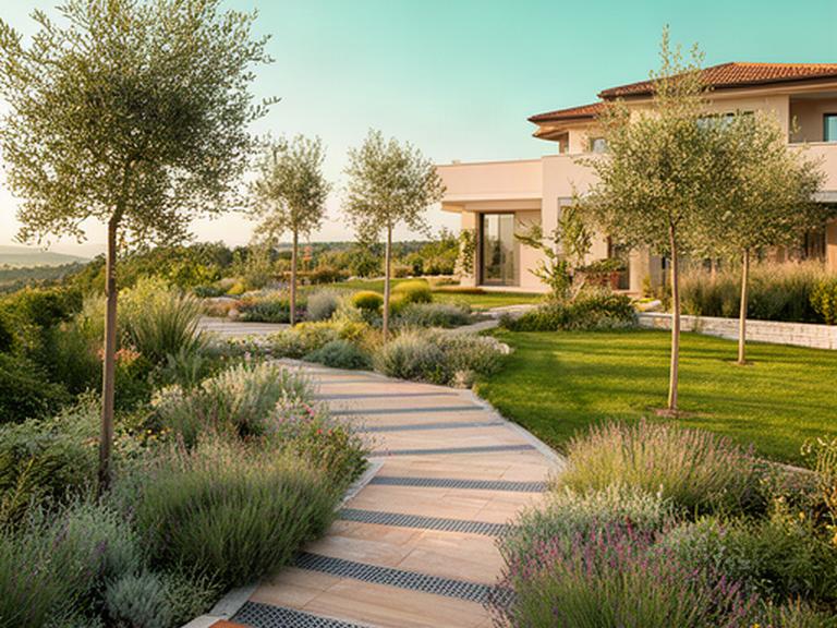 Giardino residenziale sulle colline di Ancona con aiuole, pavimentazione drenante e giovani alberi