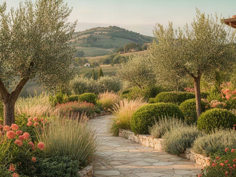 Giardino residenziale curato sulle colline di Ancona con camminamento in pietra e piante mediterranee