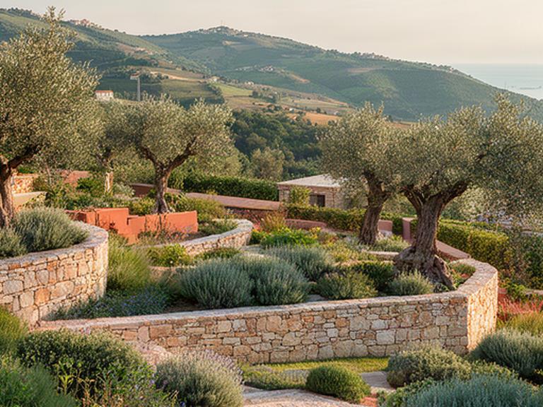 Giardino mediterraneo sulle colline di Ancona con pietra locale, ulivi e vegetazione resistente alla siccità