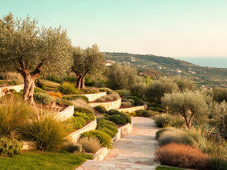 Giardino mediterraneo su una collina di Ancona con camminamento in pietra, aiuole e ulivi