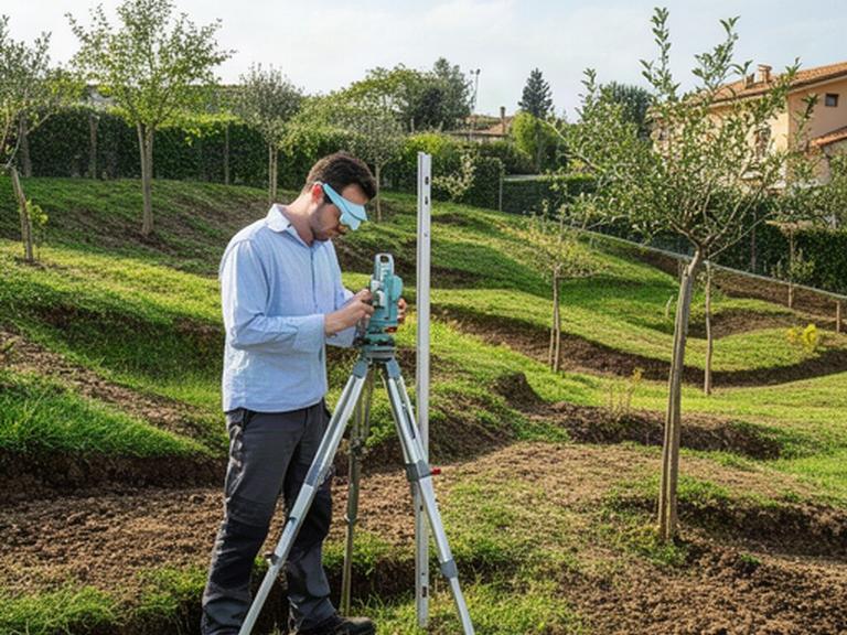 Tecnico che misura un terreno per un giardino privato vicino ad Ancona con strumenti di rilievo