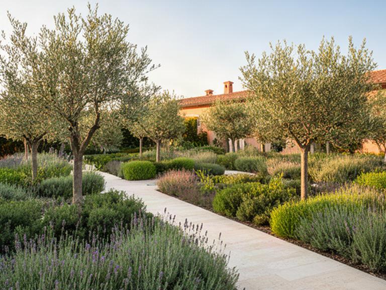 Giardino mediterraneo ad Ancona con piante aromatiche, ulivi giovani e percorso in pietra chiara