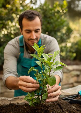 Professionista del verde che controlla una giovane pianta in un giardino privato vicino ad Ancona